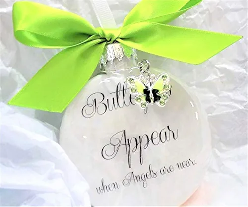 Vista 2 de Sympathy Gift Butterflies Appear when Angels are Near Memorial Ornament with Lime Green Charm