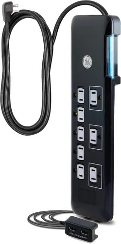 Vista 8 de GE SurGE - Tira de alimentación protectora, cable de extensión de 4 pies, extensor de 7 tomas, 1080 julios, enchufe plano, montaje en pared