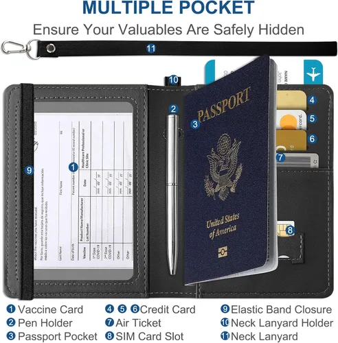 Vista 2 de ELASND Soporte para pasaporte para viaje con cordón para el cuello, funda de pasaporte con bolígrafo, cartera de pasaporte con bloqueo RFID
