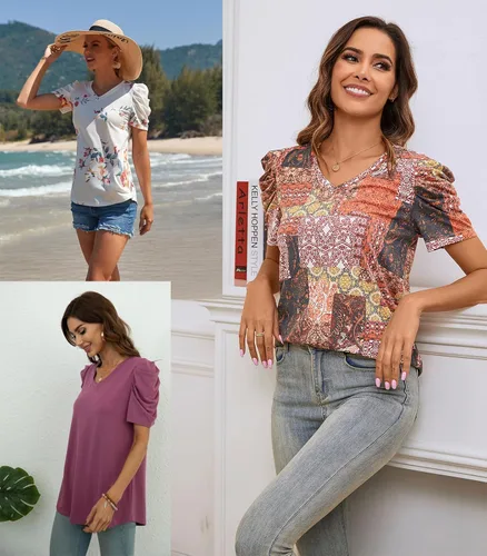 Vista 4 de Anydeer Blusa holgada de verano con mangas abombadas para mujer, estilo casual, cuello en V, sin botones