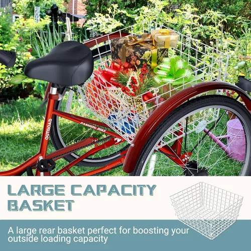 Vista 5 de Triciclo de 7 velocidades para adultos, triciclo Cruiser de 24 pulgadas con cesta grande para mujeres, hombres y personas mayores, bicicleta de 3