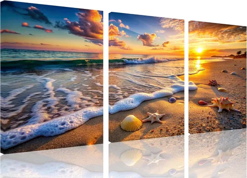 Vista 23 de TutuBeer 3 paneles de fotos de playa, arte de pared, diseño de mar azul, playa blanca al amanecer, imágenes impresas en lienzo, imágenes del océano