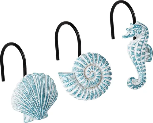 Vista 9 de Sunlit - 12 piezas de ganchos para cortina de ducha azul agua resina, diseño costero de criaturas oceánicas, decoración náutica para baño