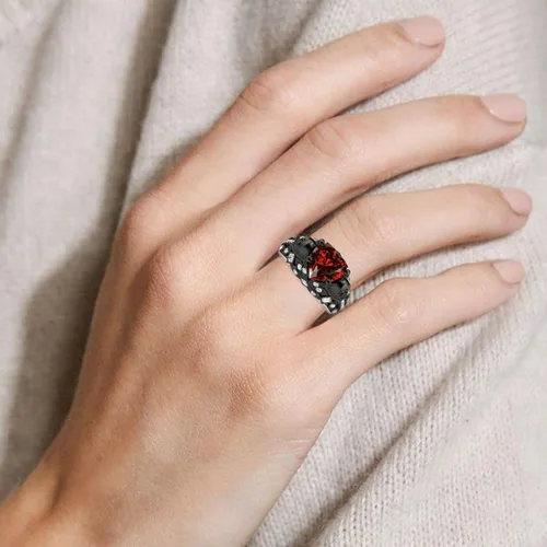 Vista 7 de Jeulia Juego de anillos de compromiso de calavera de 2.55 quilates, plata de ley con corte de corazón, diamantes rojos, anillos de rubí, circonita