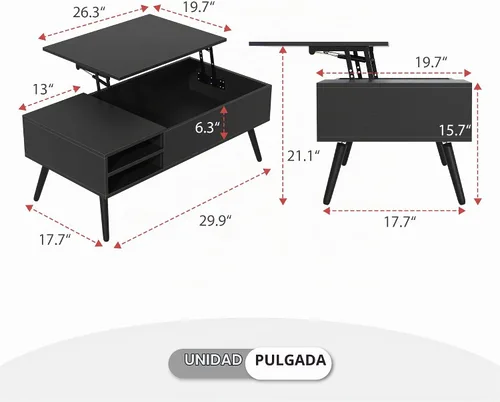 Vista 2 de Mesa de centro moderna con tapa elevadora con almacenamiento oculto para sala de estar, mesa de piso con elevador, mesa central de madera
