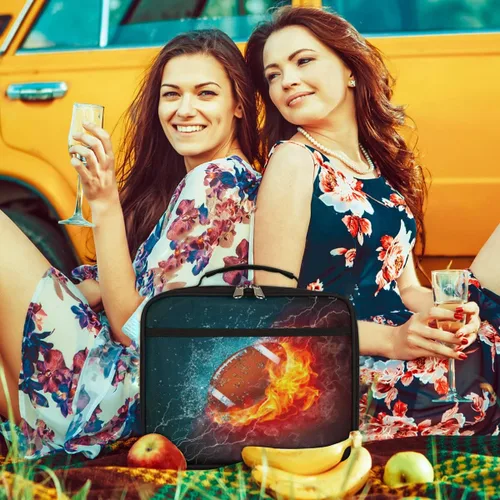 Vista 7 de Lonchera infantil para niños y niñas, diseño de fútbol americano, deportivo, color negro, bolsa de almuerzo reutilizable, pequeña bolsa enfriadora