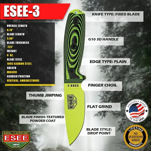 Vista 6 de ESEE -3 1095 acero al carbono, funda negra (hoja verde venom, verde neónnegro G-10 mango 3D)