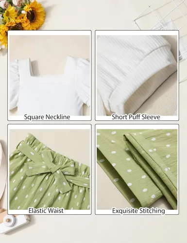 Vista 51 de DONWEN Conjunto de 3 piezas de ropa para niñas pequeñas y niñas con cuello cuadrado + pantalones elegantes + diadema para primavera y verano