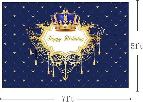 Vista 3 de Fondo de fotos de feliz cumpleaños azul y dorado para niño, corona de príncipe pequeño, decoración de fiesta, pancarta para fotografía de 7 x 5 pies