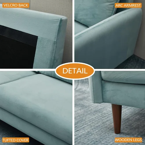 Vista 5 de INSTORY Sofá de dos plazas de terciopelo Sofá moderno de mediados de siglo con patas de madera para sala de estar - Cian