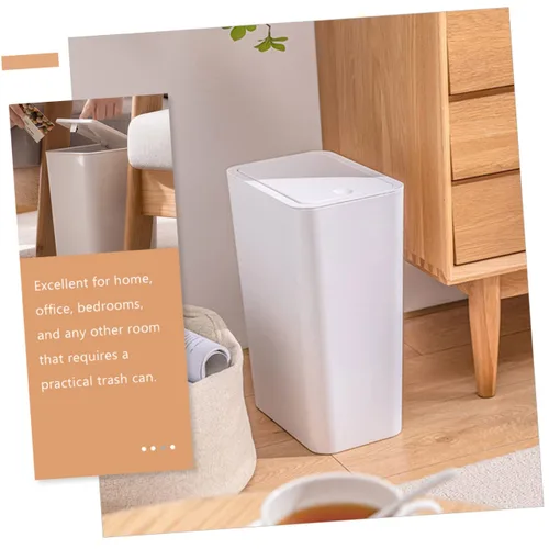 Vista 7 de Bote de basura delgado de plástico con tapa de prensa- para baño, cocina, oficina, color blanco