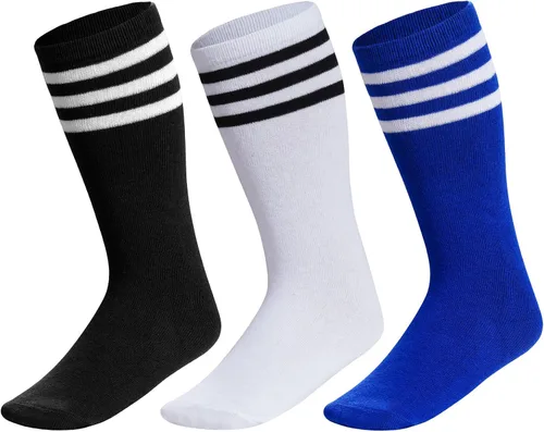 Vista 2 de Dxhycc 3 pares de calcetines a rayas hasta la rodilla, calcetines de fútbol para niños, calcetines deportivos de algodón para la escuela, calcetines