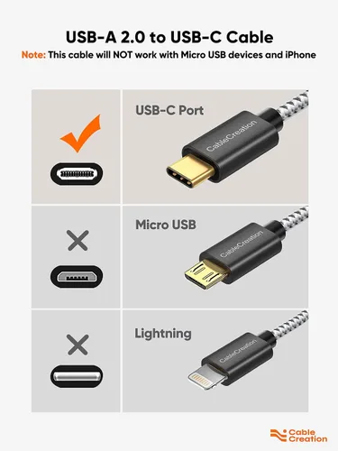 Vista 3 de CableCreation Cable corto USB a USB C de 6 pulgadas, carga rápida USB A a USB C, cable trenzado USB C macho a USB macho para banco de energía