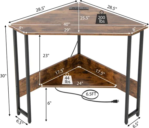 Vista 3 de Escritorio esquinero, escritorio triangular para computadora con puertos USB y tomas de corriente, escritorio pequeño para espacios pequeños