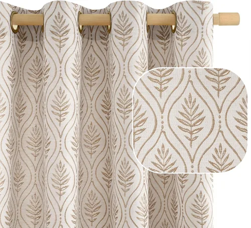 Vista 19 de BGment - Cortinas francesas de campo amarillas mostaza de 63 pulgadas de largo para dormitorio, patrón botánico de jacquard de hojas, estilo rústico