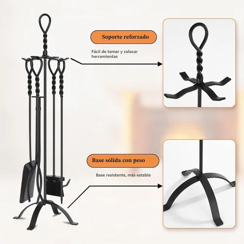 Vista 3 de Gtongoko 35”Tall Fireplace Tools Set with Stand 5-Piece Solid Wrought Iron Fireplace Tool with Poker, Tongs, Shovel & Brush for Indoor Fireplace
