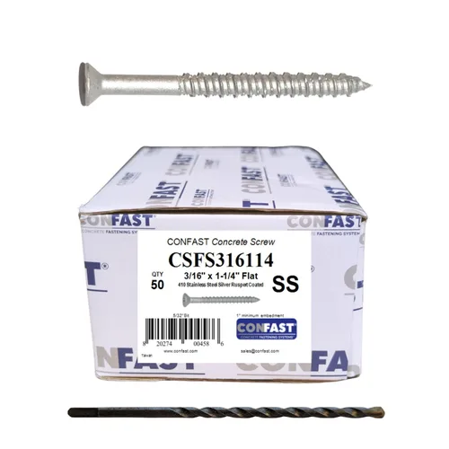 Vista 13 de CONFAST Tornillos para concreto de 1/4" x 1-3/4" de acero inoxidable 410 Phillips planos con cabeza cuadrada cóncava con broca para anclaje a