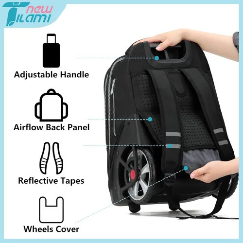 Vista 16 de NEW TILAMI Mochila con ruedas de 19 pulgadas con bolsa de almuerzo para niñas y niños, mochila para laptop con ruedas, bolsa de mano duradera