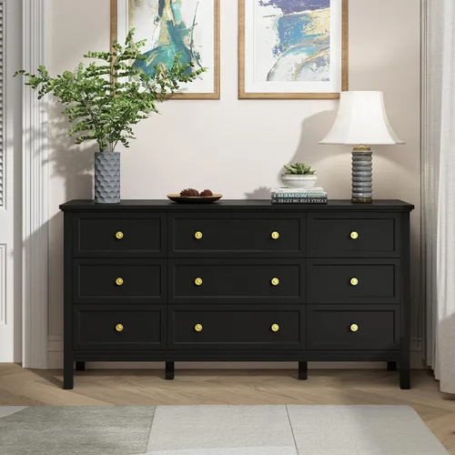 Vista 4 de CARPETNAL Cómoda negra de 9 cajones para dormitorio con cajones profundos, cómodas grandes y cómoda con manijas doradas, cómodas largas modernas
