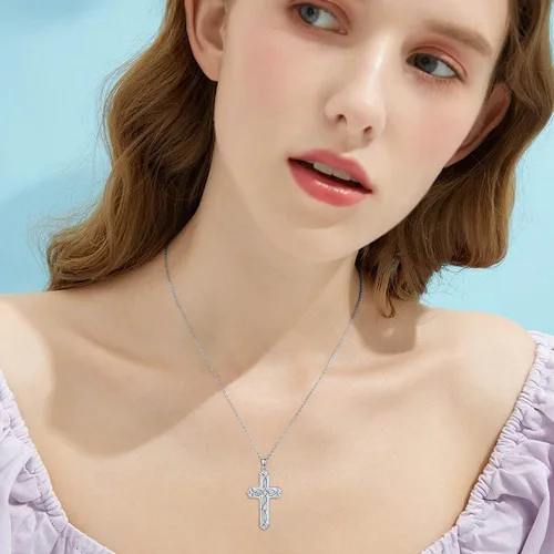 Vista 3 de WINNICACA Collar de cruz de ópalo para mujer, plata de ley 925, colgante de cruz infinita, regalo de joyería de ópalo para mujeres y niñas