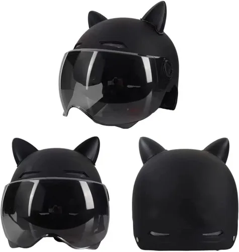 Vista 2 de Casco vintage para motocicleta para adultos, con visera solar, diseño retro con orejas de gato, casco de ciclomotor ligero abierto para hombres