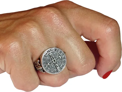 Vista 6 de Anillo de mujer de plata de ley 925 con medalla de San Benito, Fleur de Lis