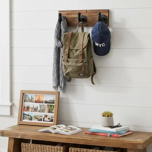 Vista 3 de MyGift Perchero de pared de madera quemada y perchero para sombreros con diseño de accesorio de tubería de 3 ganchos