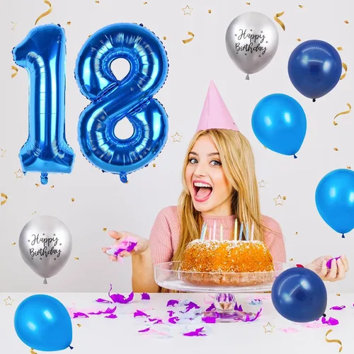 Vista 5 de Globos azules del número 18 de 40 pulgadas, globos de cumpleaños de 18 años, globos de látex azul claro y azul oscuro con impresión plateada