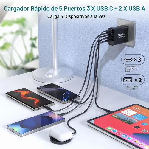 Vista 4 de TZBAY Paquete de 2 bloques de cargador USB C, cargador de pared de 60 W y 5