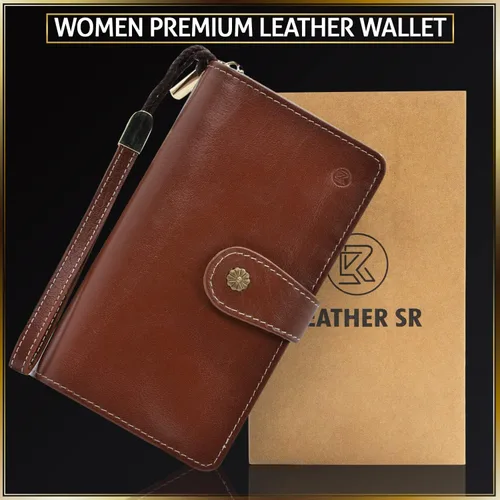 Vista 6 de Leather SR Cartera de cuero de grano superior para mujer de gran capacidad con bloqueo RFID 24 ranuras para tarjetas 9 compartimentos