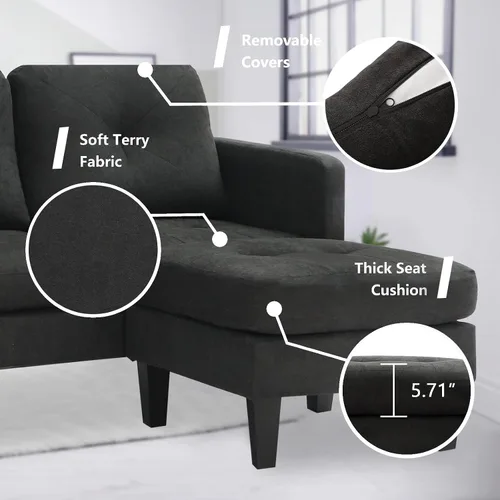 Vista 4 de Sofá modular convertible con diván, juego de sofá negro en forma de L con otomana reversible, sofás modulares pequeños y modernos para sala