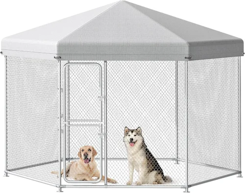 Vista 9 de YITAHOME Perrera para perros al aire libre con comederos giratorios, recinto para perros al aire libre de 7.5 x 7.5 pies con techo, jaula resistente