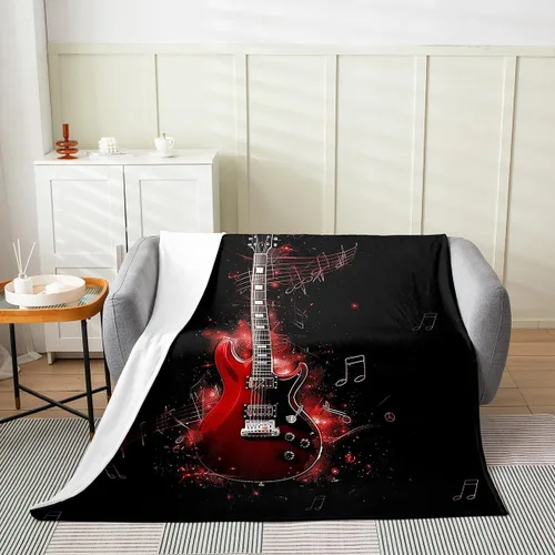 Vista 2 de Red Guitar Flannel Fuzzy Blanket,Hip Pop Music Fleece Throw Blanket Kids Girls Boys Home Room Decor,Red Fire Fashion Guitar Bed Blanket,Musical Note