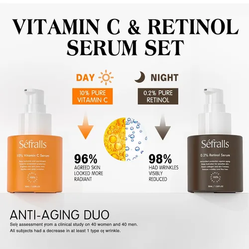 Vista 2 de Sefralls Suero facial Duo – Retinol Vitamina C – Set de cuidado de la piel antienvejecimiento para mujeres, antiarrugas, piel suave y firme – 1 onza