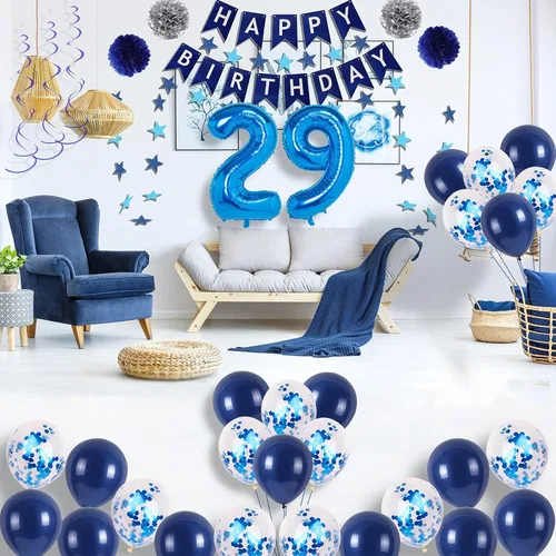 Vista 2 de Decoraciones de fiesta de cumpleaños azul número 29 para hombres y mujeres, suministros de globos de feliz cumpleaños 29 con pancarta de feliz