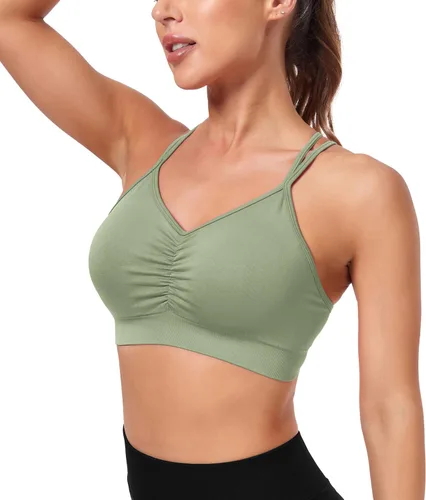 Vista 3 de VEQKING Brasier deportivo con espalda cruzada para mujer, brasier deportivo fruncido, soporte medio, brasier de yoga con relleno extraíble