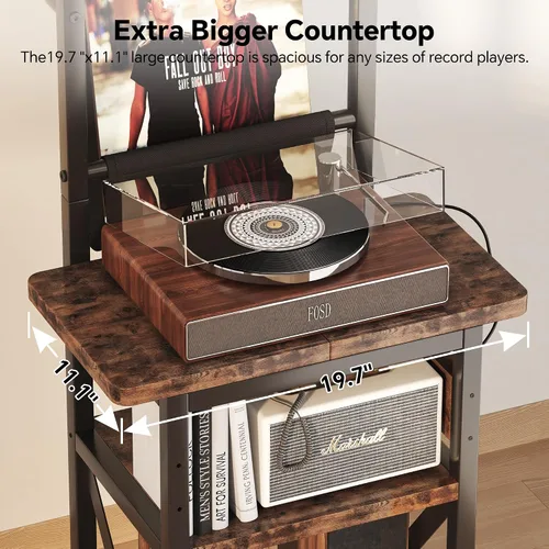 Vista 4 de Homeiju Soporte para tocadiscos con toma de corriente, estante de exhibición de discos de vinilo de 6 niveles, mesa de tocadiscos con almacenamiento