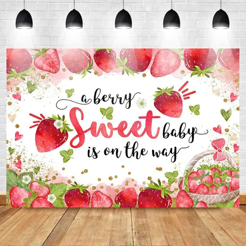Vista 2 de Mocsicka Telón de fondo de fiesta de baby shower de fresa, 6 x 4 pies, decoración de fiesta de baby shower, con texto en inglés "A Berry Sweet Baby
