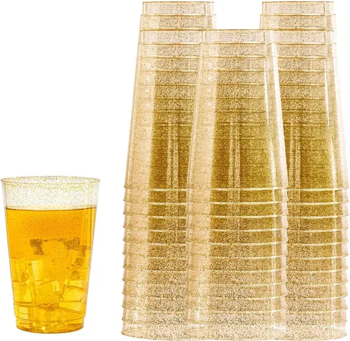 Vista 8 de I00000 Paquete de 100 vasos de plástico dorados de 14 onzas, vasos desechables de plástico con purpurina dorada, copas de vino desechables, copas