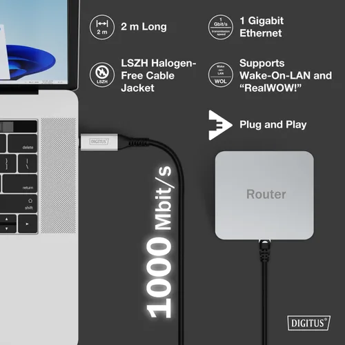 Vista 4 de DIGITUS USB to Ethernet Cable - Type-C to RJ45 - USB-C 3.2 Gen1 - 1Gbps - 2m - LSZH - CAT 6A S/FTP - AWG 26 - Plug & Play - Black
