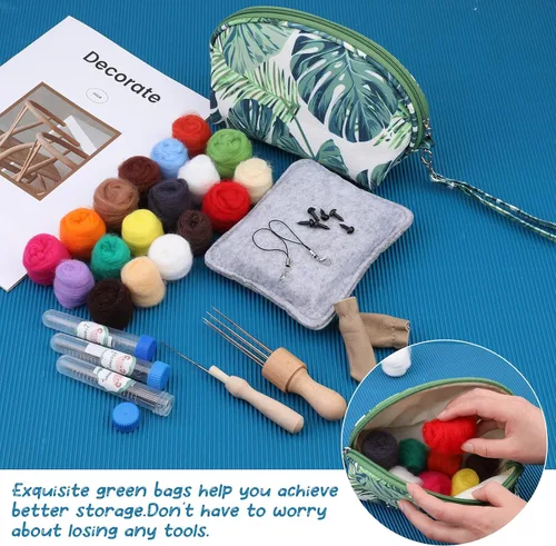 Vista 7 de IMZAY Kit de fieltro de aguja, kit de iniciación de fieltro de aguja con exquisita bolsa de almacenamiento verde, juego de 18 colores de lana, kit