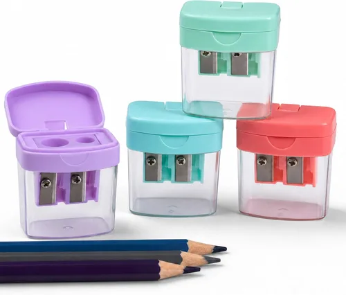 Vista 9 de Paquete de 3 sacapuntas manuales, diseño de doble agujero con contenedor de virutas, sacapuntas de colores portátiles para aula, oficina