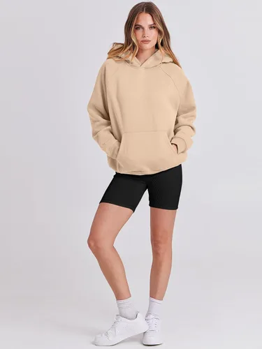 Vista 3 de LOGENE Sudaderas con capucha para mujer, de manga larga, de vellón, de gran tamaño, informales, básicas, sin botones, ropa de entrenamiento de otoño