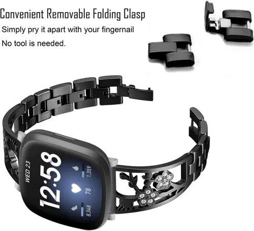 Vista 2 de Pulsera de acero inoxidable compatible con Fitbit Sense 2/Sense/Versa 4/Versa 3, bandas de repuesto brillantes para mujer, pulseras elegantes