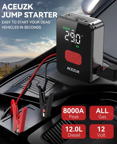 Vista 2 de Arrancador de salto con compresor de aire, 8000A 150PSI arrancador de coche portátil, paquete de arranque de 12 V (todo a gas/12L diesel)