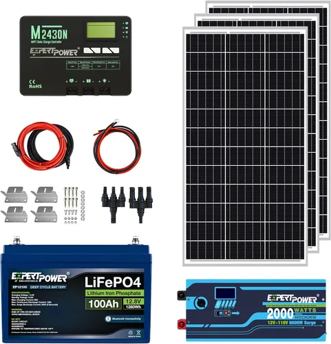Vista 6 de ExpertPower Kit de energía solar de 1.3KWH 12V LiFePO4 12V 100Ah, paneles solares mono de 200 W, controlador de carga solar MPPT de 20 A, cargador