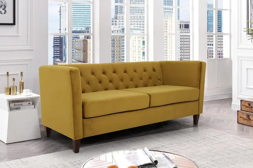 Vista 2 de Container Furniture Direct Muebles clásicos capitoné modernos tapizados de tela de terciopelo de tres plazas, cómodos sofás de oficina y mini sofás