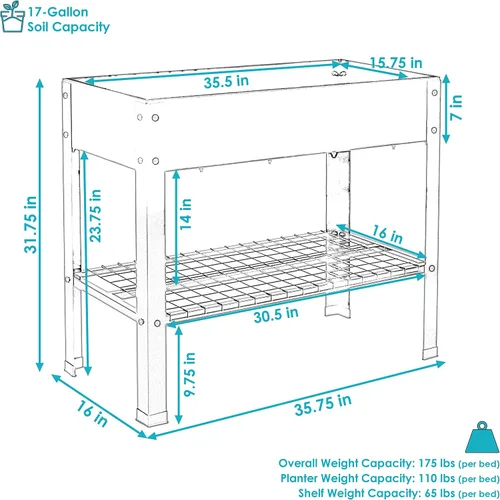 Vista 3 de Sunnydaze Cama de jardín elevada de acero galvanizado, juego de 2 jardineras elevadas, uso individual o conectado, cuenta con estante de Marrón