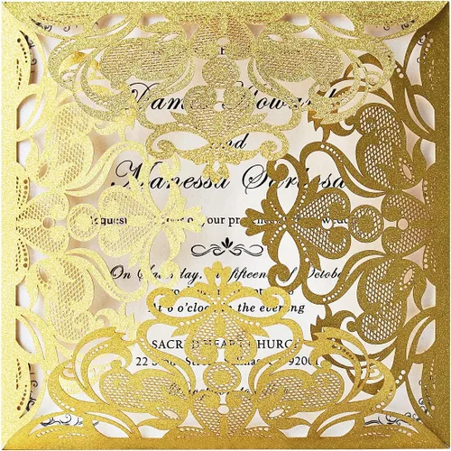 Vista 7 de Hosmsua 50 tarjetas de invitación de boda negras cortadas con láser con sobres, invitaciones de rosa hueca de 6.3 x 6.3 pulgadas para boda
