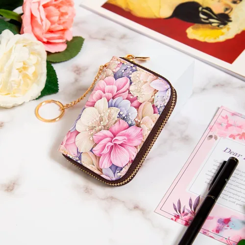 Vista 7 de Soporte para tarjetas de crédito, cartera con bloqueo RFID para mujer, pequeña cartera delgada de cuero con llavero con cremallera, funda